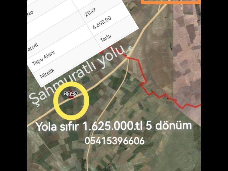 Şahmuratlı yolu üstü yola sıfır 1.625.000.tl 4.650 m2